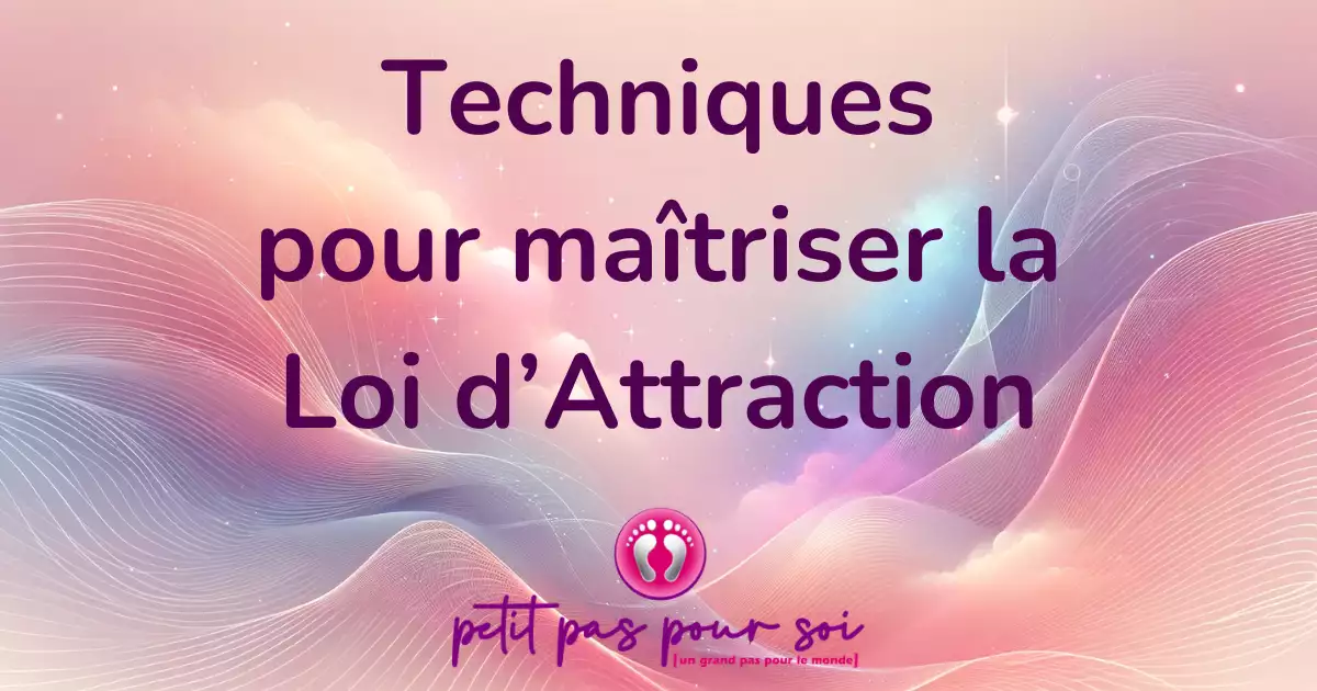 techniques pour maitriser la loi d'attraction, fond rose et violet comme des vaques avec logo petit pas pour soi